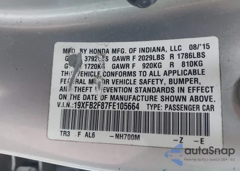 2015 Honda Civic Ex from USA, damaged, VIN 19XFB2F87FE105664